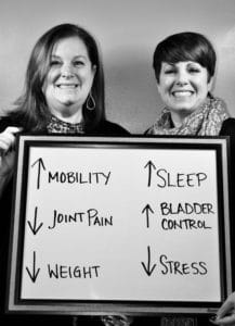 Two women are standing next to a board with arrows pointing in different directions.