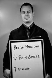 A man holding up a sign that says " better nutrition is pain stress."