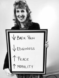 A woman holding up a board with arrows pointing to the back pain, edginess and peace.