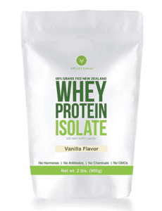 A bag of whey protein isolate vanilla flavor.