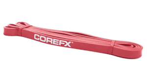 A red and white logo on the side of a pair of skis.