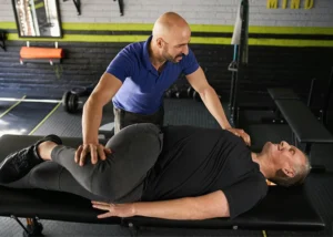 former athlete stretching with a trainer at the gym