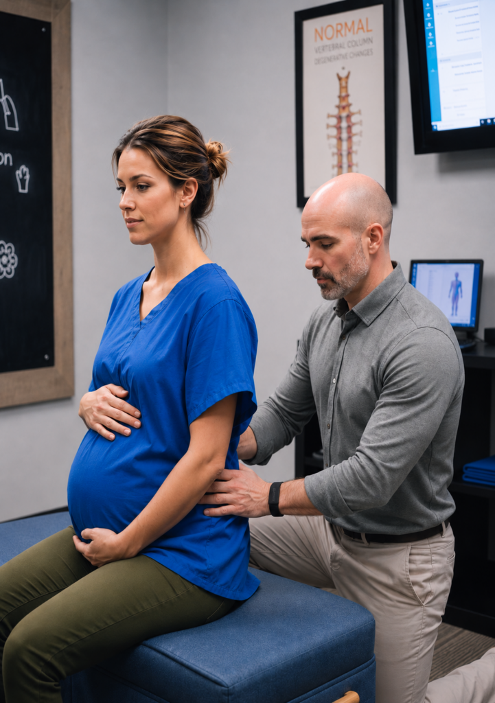 Dr mirandola doing a chiropractic back adjustment on a woman who is pregnant - chiropractic care for pregnancy comfort